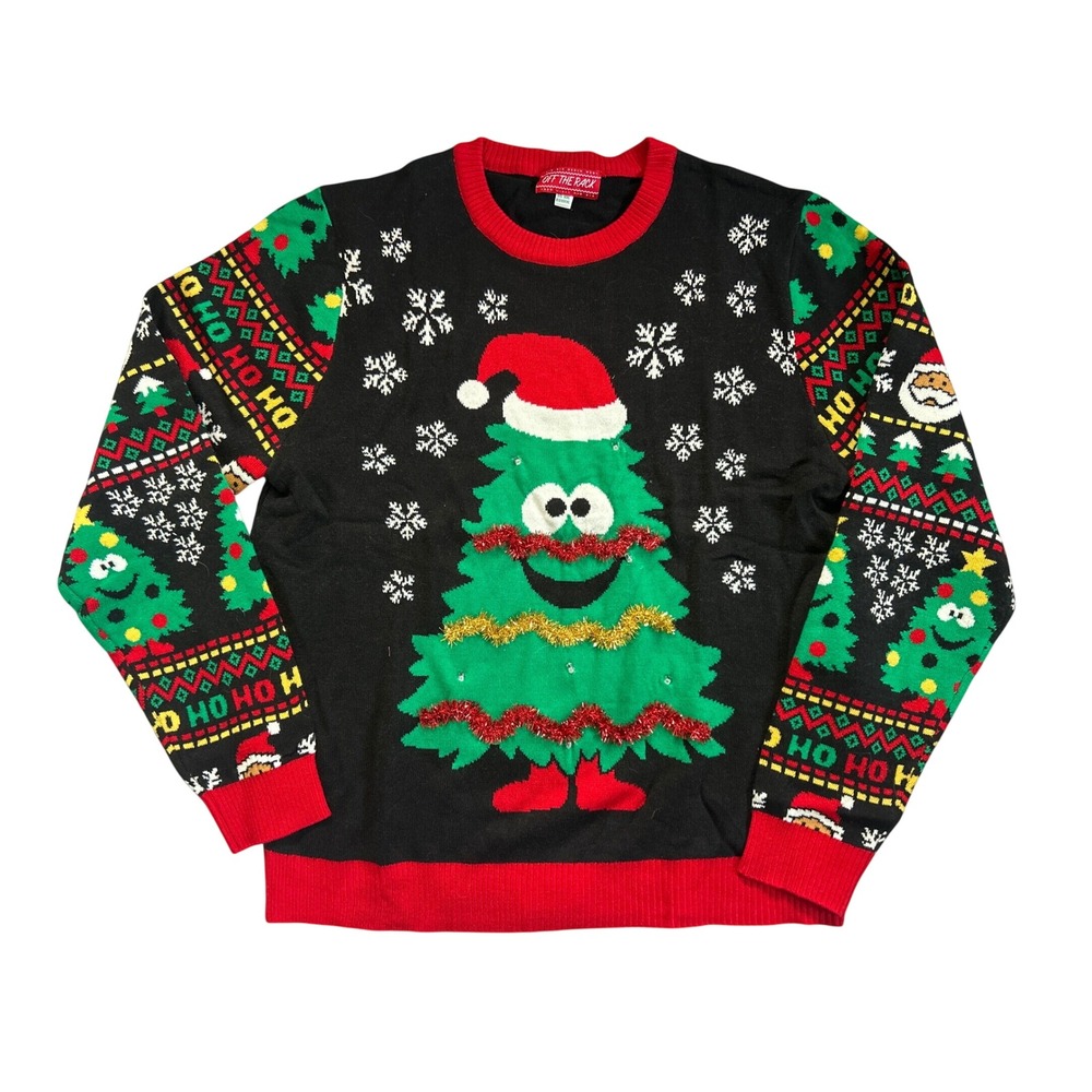 Off‎ The Rack Christmas Sweater Men Black LED Light Up Tree Tinsel XXL